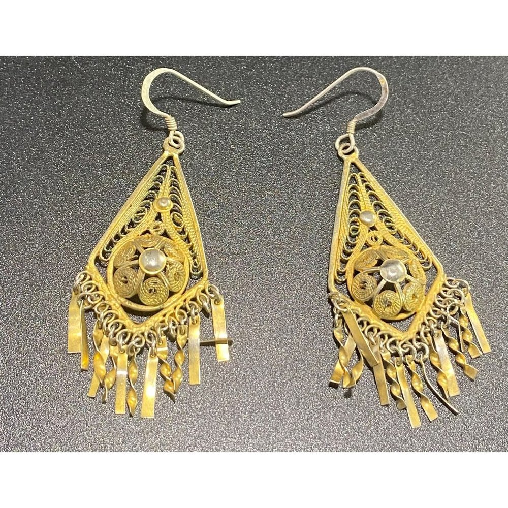 Vintage Victorian Filigree Dangle Earrings Vermeil Tone 925 Hooks - Picture 6 of 7